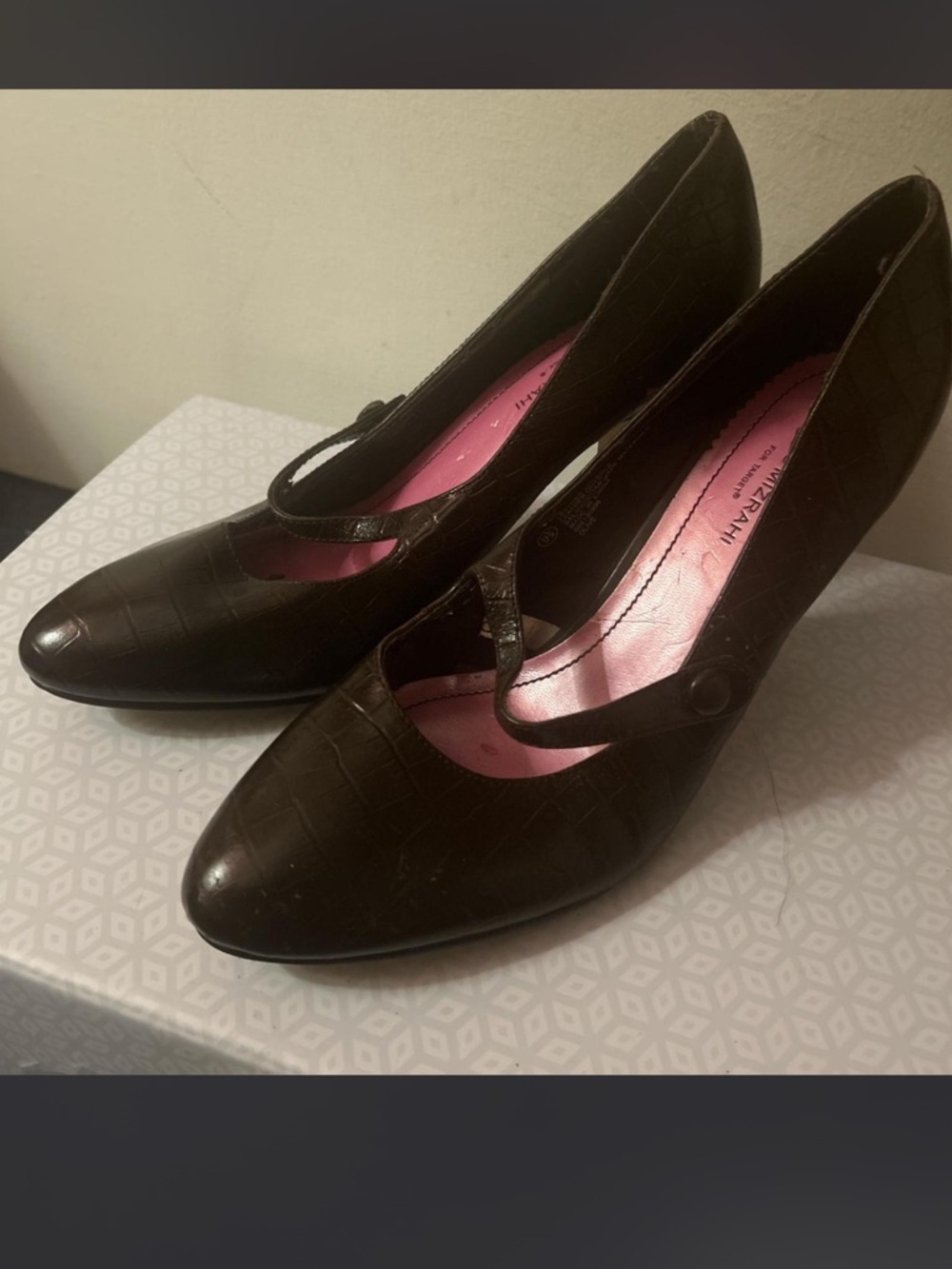 Mary Jane Black Croc-Texture Heels with Pink Insole